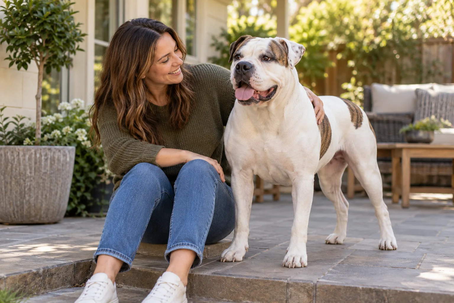 A woman sitting beside a white dog on a quiet patio