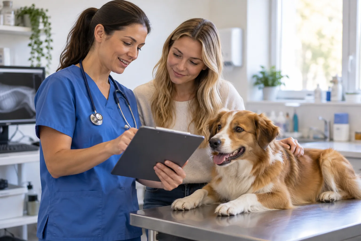 Veterinary professional discussing a dog’s care with its owner